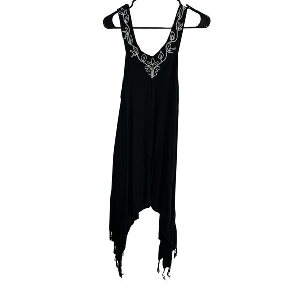 Ace Fashion Black Embroidered Fringe Handkerchief Hem Dress One Size Boho Chic - Picture 1 of 10